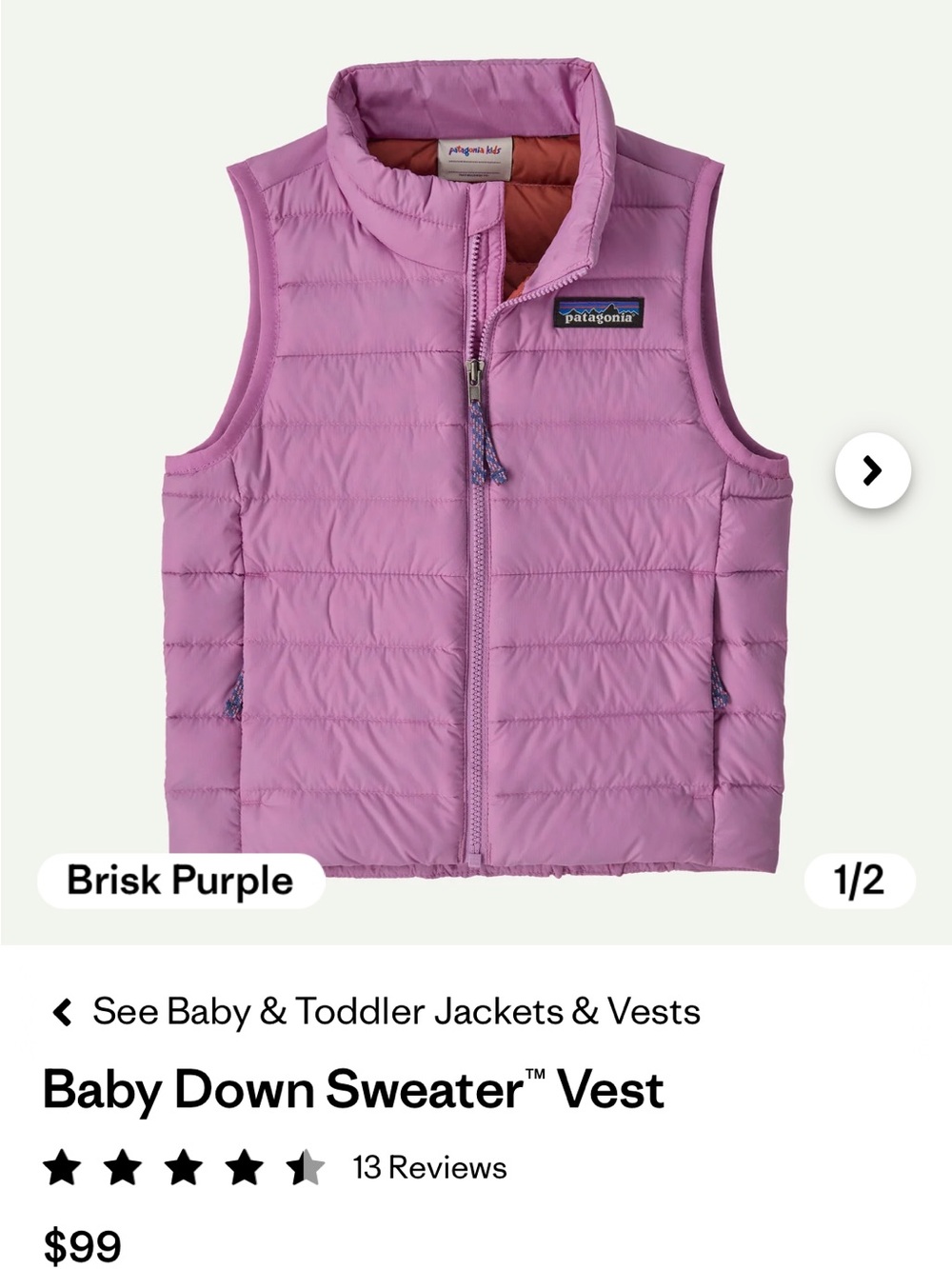 Patagonia Kids Brisk Pink/ Purple Down Puffer Vest